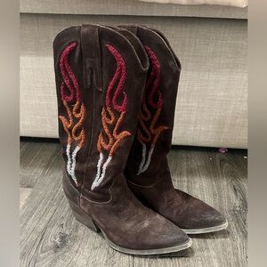 Brown Suede Cowboy Boots with Multi-Color Flame Embroidery